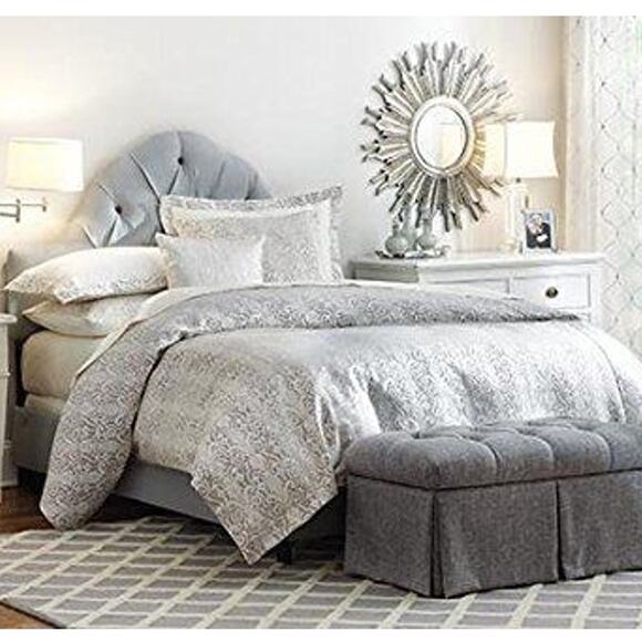 NEW Riley QUEEN DUVET BEDDING SET Fleur de Lis Metallic Silver 2 Euro Shams Home - Picture 3 of 4